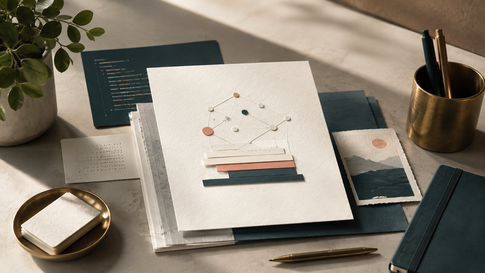 Editorial desk scene with paper cards and a network motif